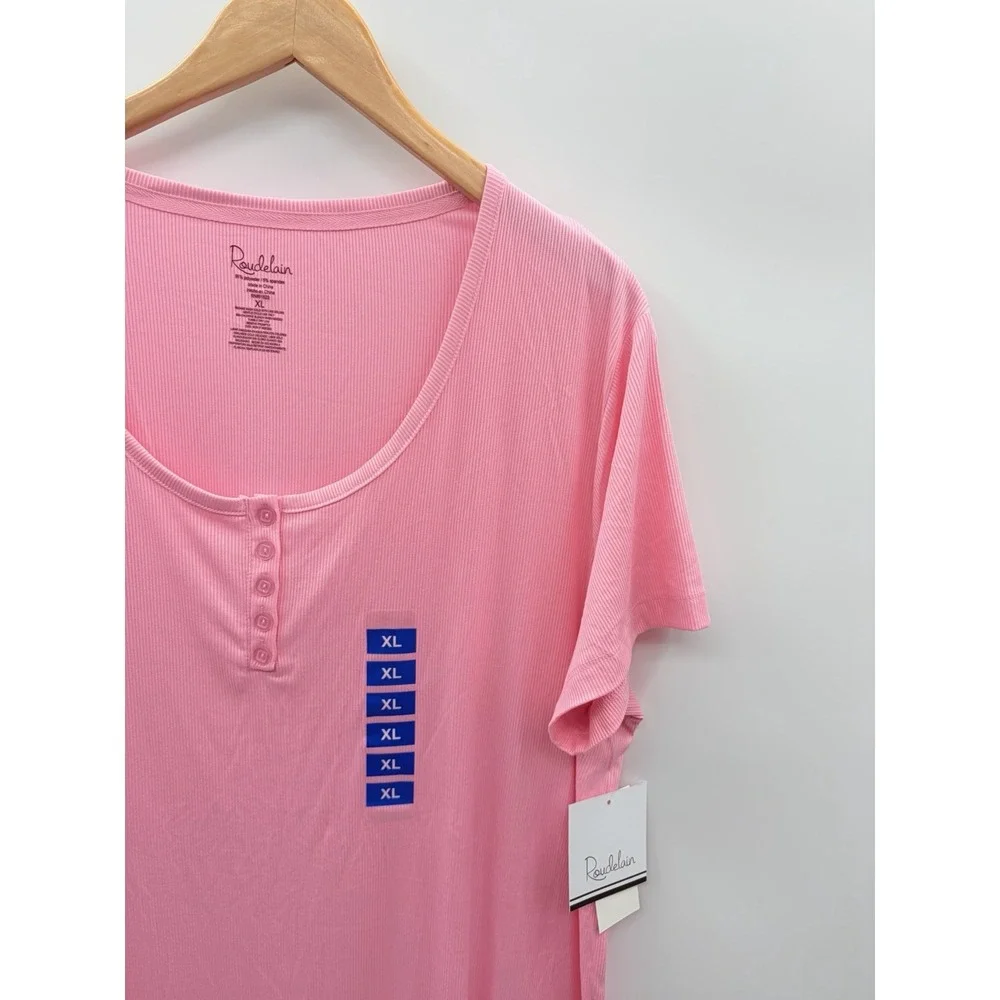 Roudelain Womens XL Short Sleeve Ribbed Henley Sleep Shirt in Orchid Pink 2081